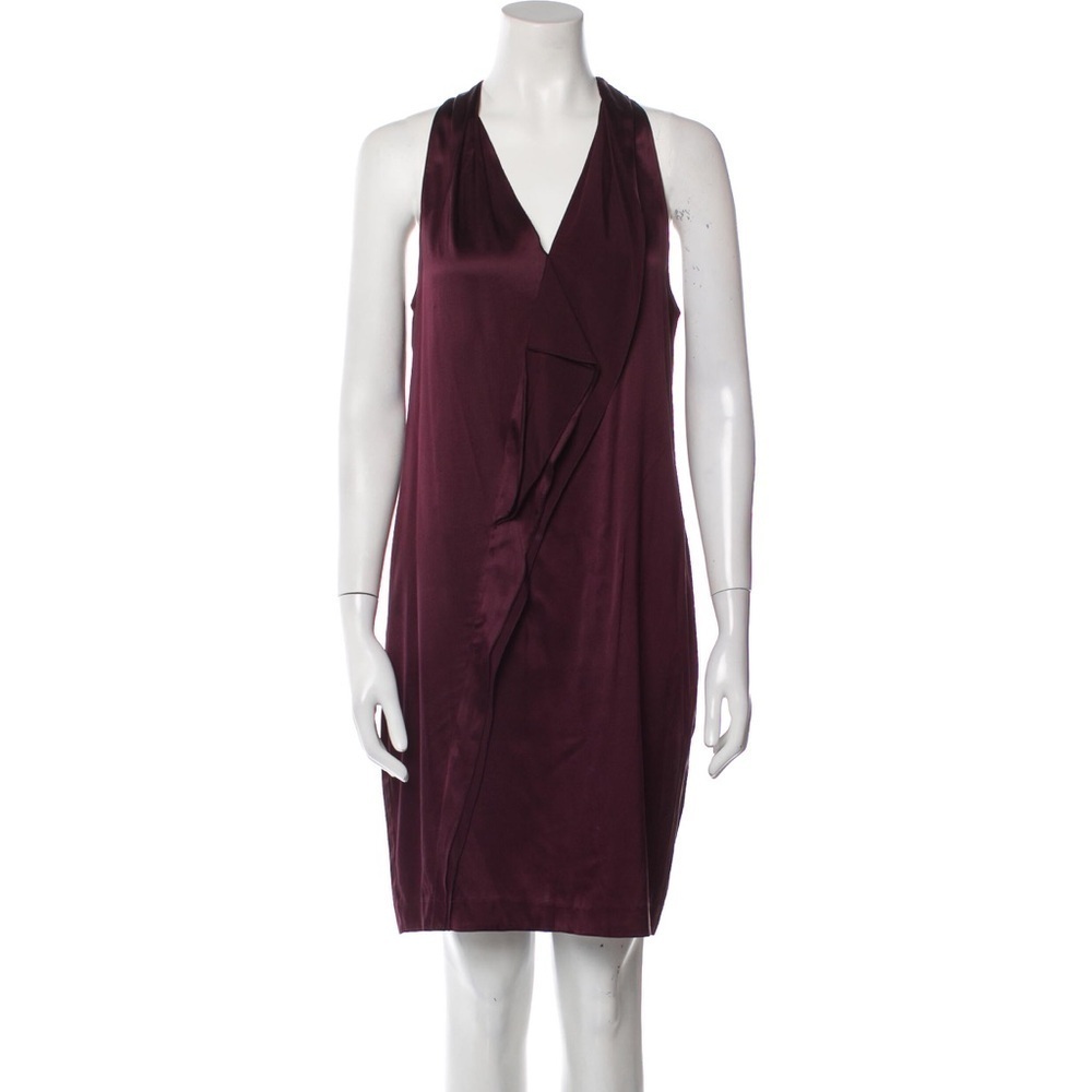 VINCE V-Neck Knee-Length Stretch Silk Ruffle Burgundy Purple Shift Dress EUC M